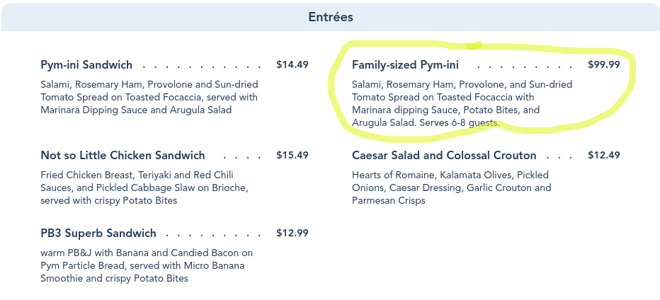 Menu at Disneyland