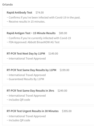 Prices of Covid-19 Tests