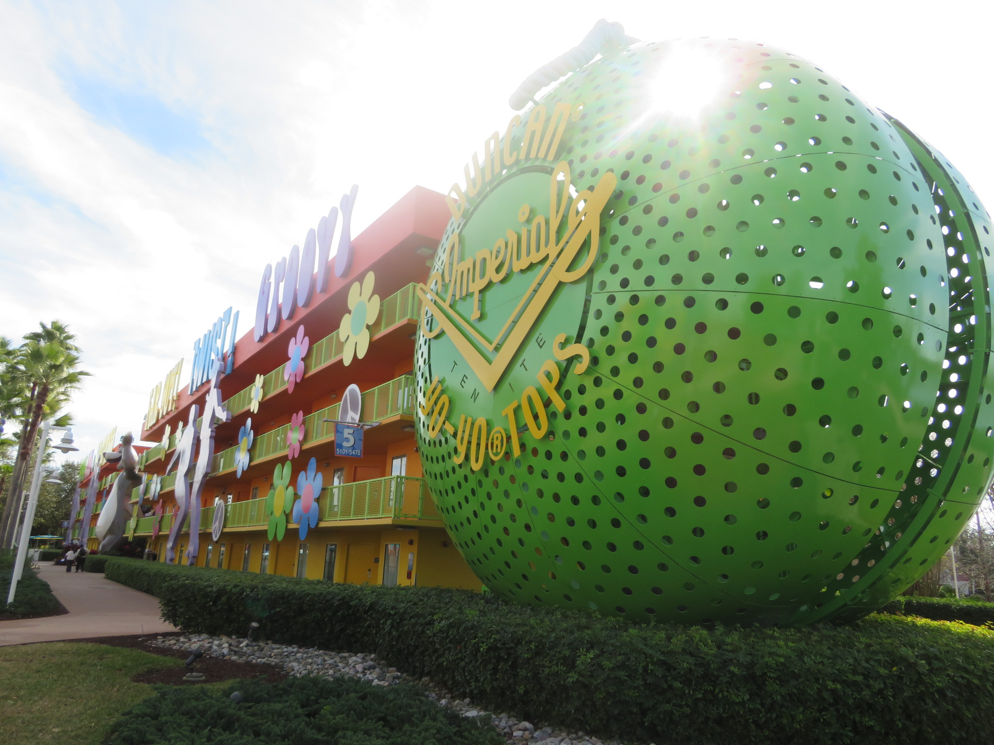 Gigantic Yoyos cover the external staircases at the Pop Century Resort accommodations