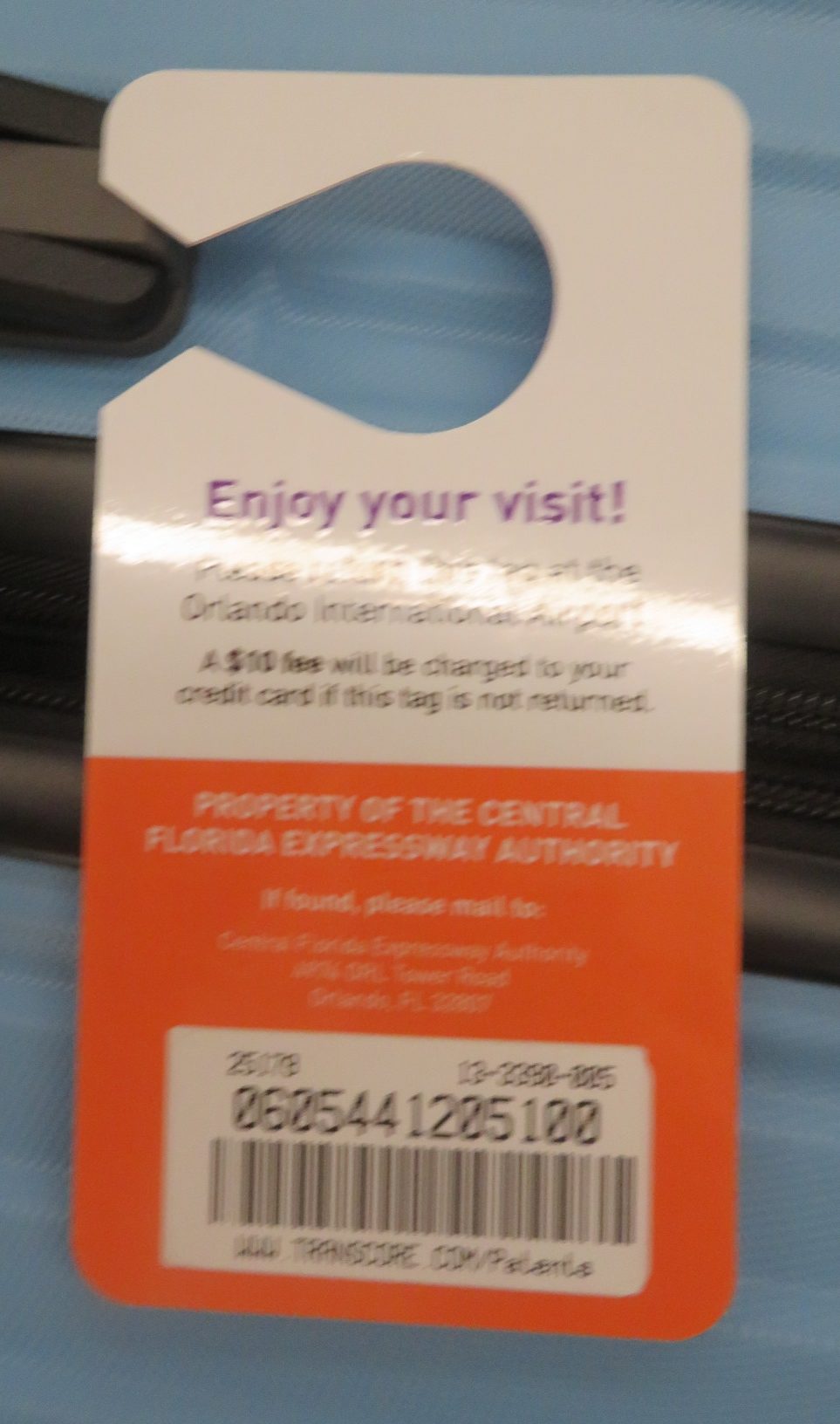 Reverse of Visitor Toll Tag