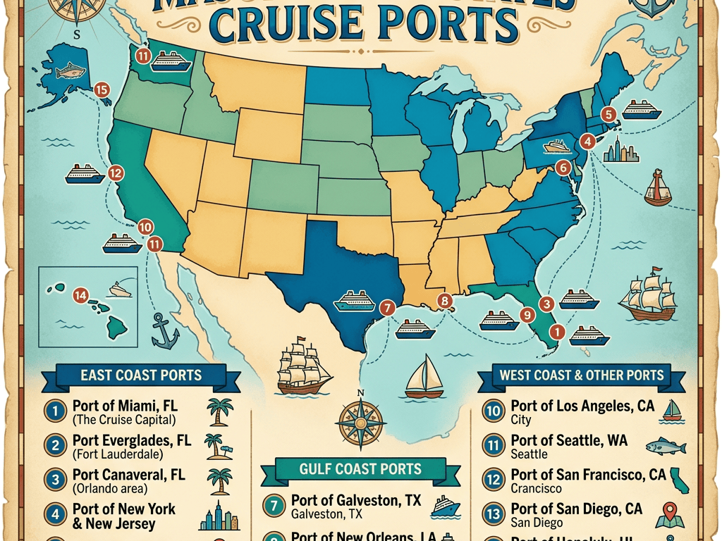 Map titled Major United States Cruise Ports, listing 15 ports across the East, Gulf, and West coasts.