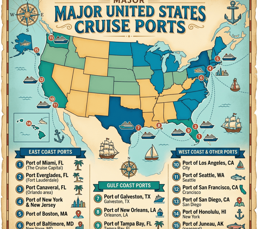Map titled Major United States Cruise Ports, listing 15 ports across the East, Gulf, and West coasts.